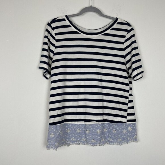 Sanctuary Blue White Striped Short Sleeve Top Eyelet Hem Lace Back Size Medium - Picture 1 of 6